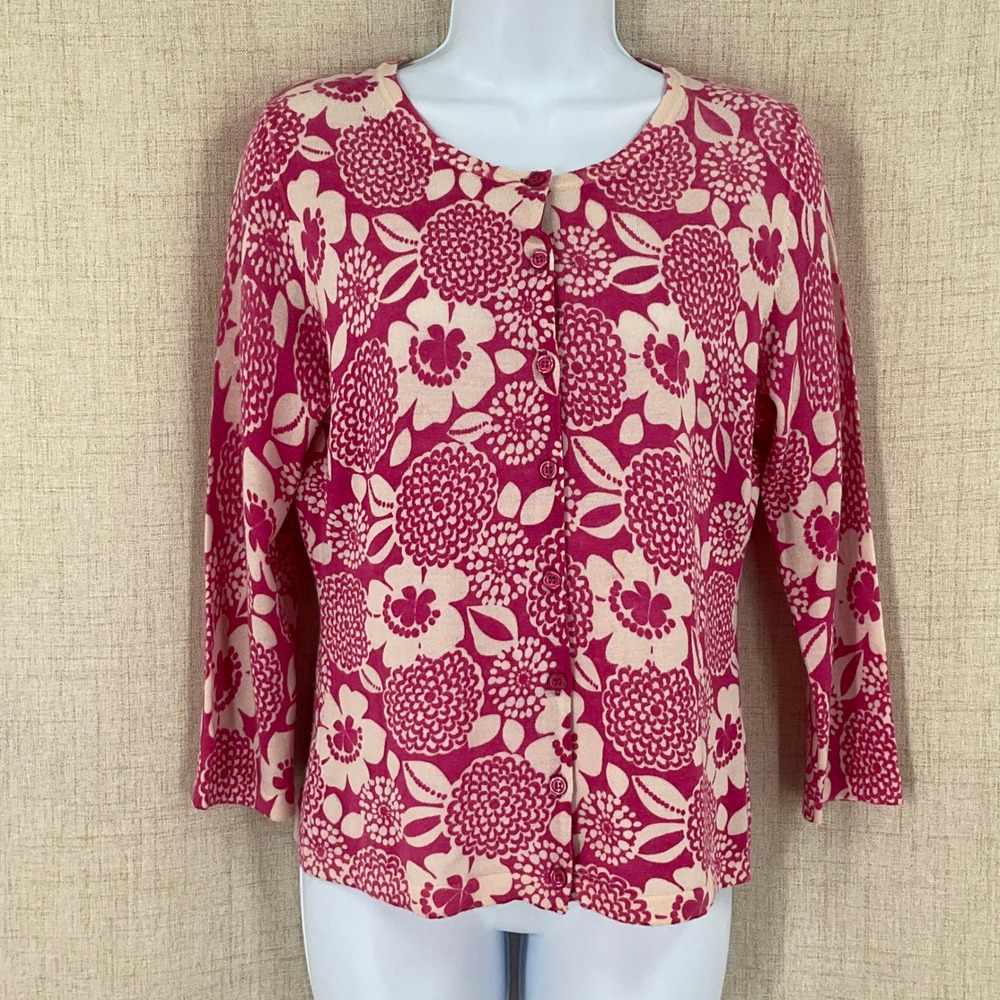 Garnet Hill Womens Pink Floral 100%‎ Merino Wool Cardigan Sweater Sz M Preppy